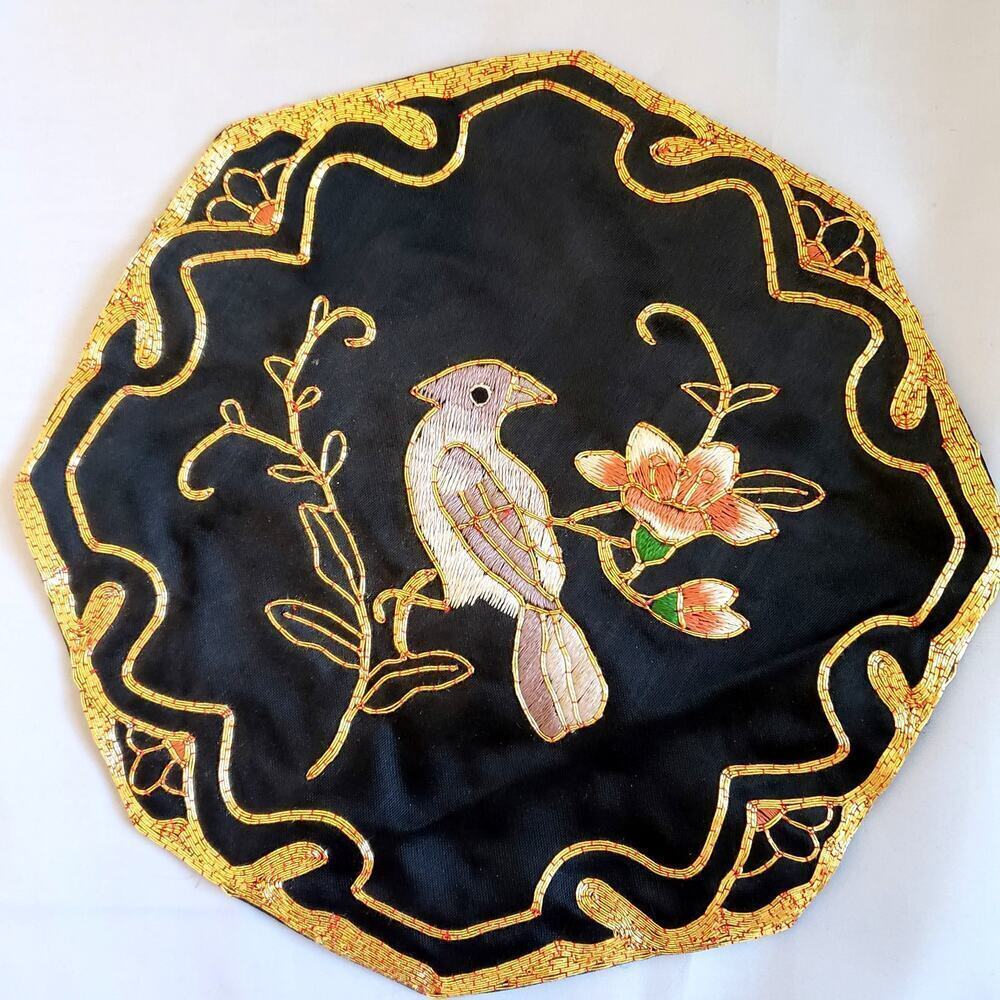 Vintage Chinese Hand Embroidered Octagonal Black & Gold Silk Mat Bird, 8.5"